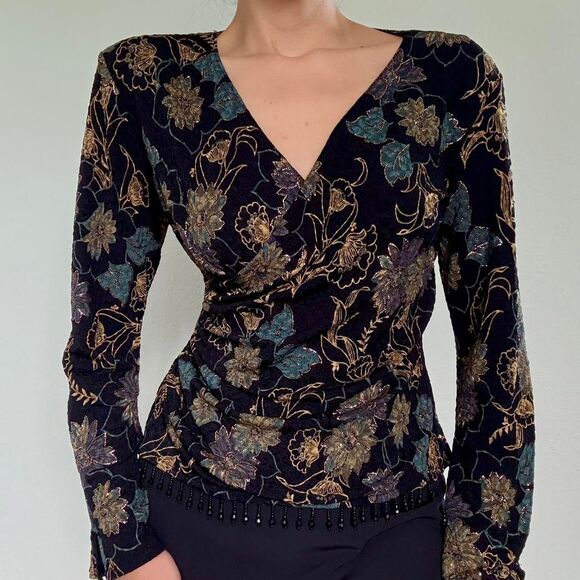 Late 90s elegant black floral MSK blouse - Picture 2 of 8